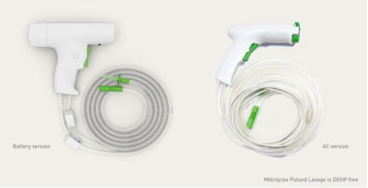 Mölnlycke® Pulsed Lavage spolsystem med högt tryck och två hastigheter – finns i nätdriven och batteridriven version